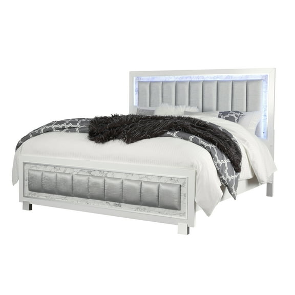 Modern Queen Bed with Lights - Upholstered Bedroom Furniture, White Finish, Faux Marble Accents