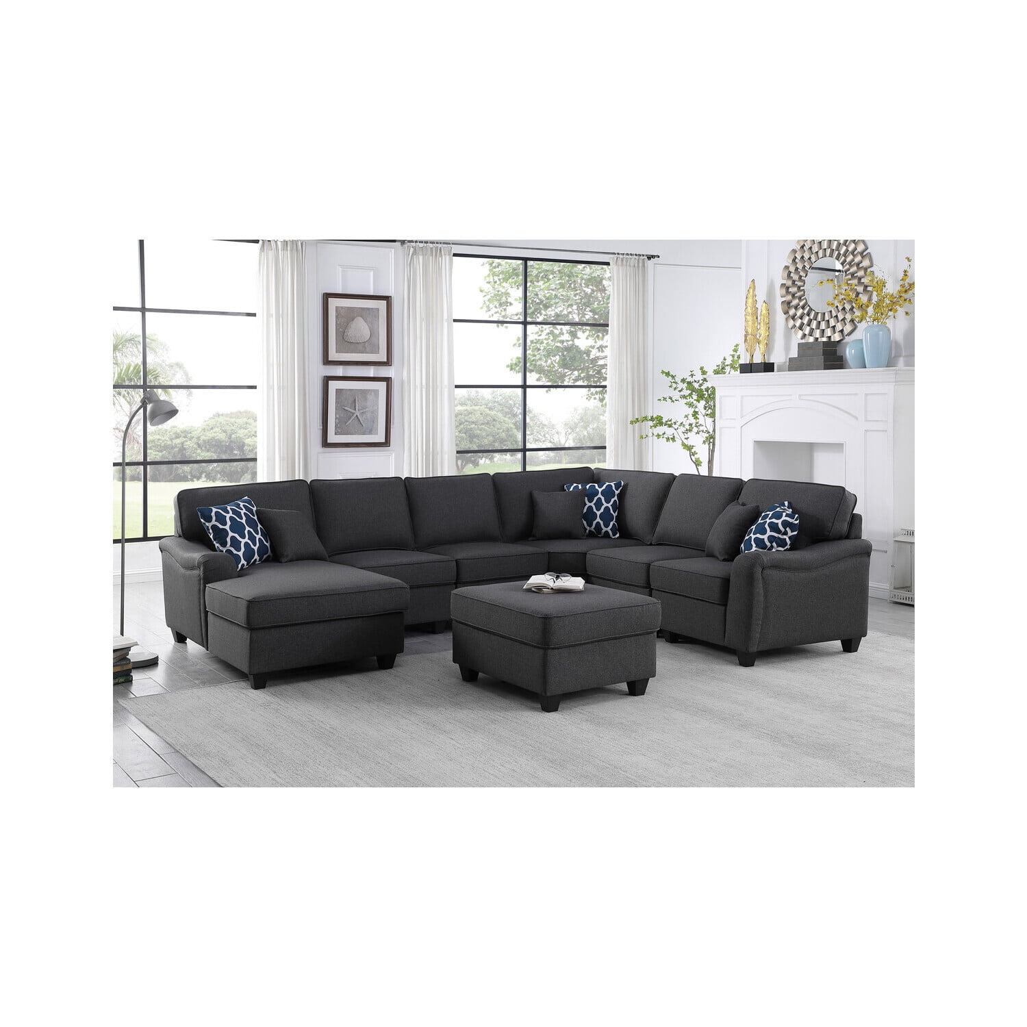 Homestock Farmhouse Fresh Dark Gray Linen 7Pc Modular LShape Sectional