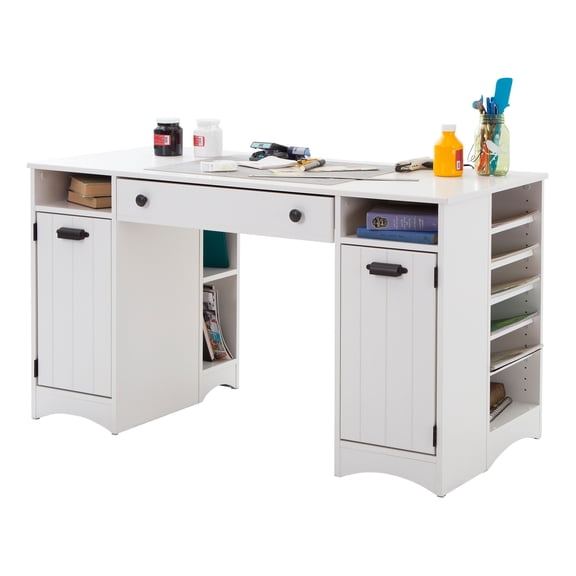 Farmhouse Craft Table with Storage - White Rectangular Desk for Home Office & Playroom - 53" Wide