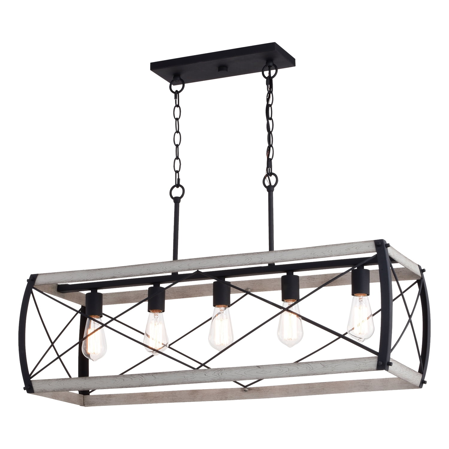 5 Light Chandelier Island Pendant Light - Black Ash Wood Cage Linear Fixture
