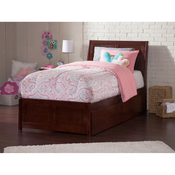 Homestock French Country Full Platform Bed With Matching Footboard And Turbo Charger With Bed Drawers In Walnut