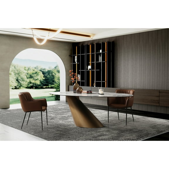 Homestock French Fabulous Dining Table, Ceramic Top, Brushed Bronze Base