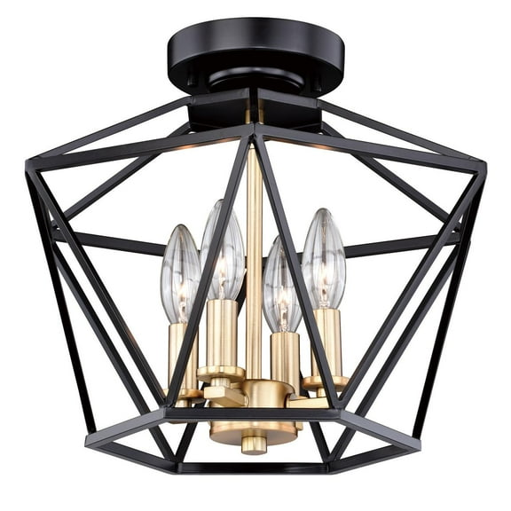 Geometric Cage Ceiling Light - Bronze Gold Semi Flush Mount - Modern Interior Lighting 14.5 Inch