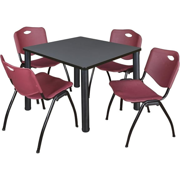 Homestock French Flair 36" Square Lounge Table Mahogany/ Burgundy With 4 'M' Nesting Chairs, Burgundy - Ergonomic Breakroom Furniture Set For Staff Break Room, Tables & Chair, Breakroom Set