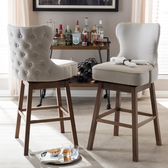Glam Swivel Barstool - Light Beige Upholstered Seat, Tufted Back, Nailhead Trim, Modern Bar Furniture