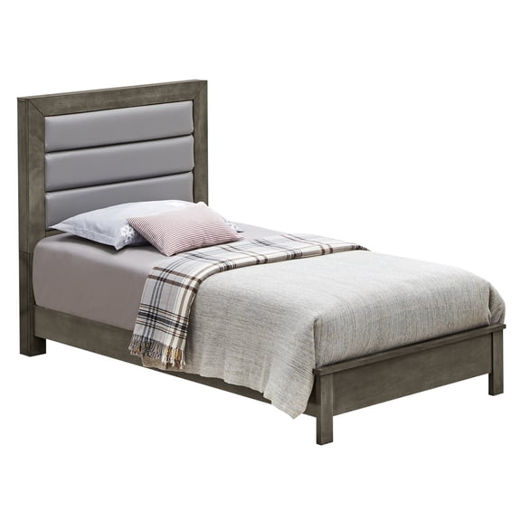 Twin Bed Glam Faux Leather Platform Bed Gray Modern Bedroom Furniture