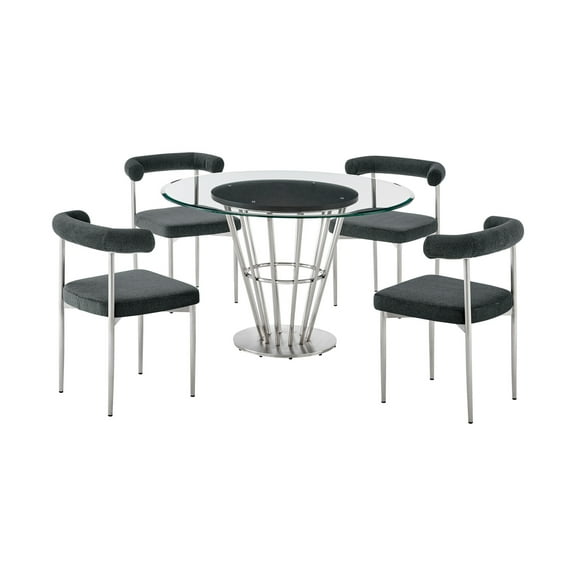 Homestock Gothic Glamour 5 Piece Round Glass Dining Table Set With Brushed Stainless Steel And Charcoal Fabric