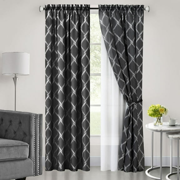 Homestock Gothic Glamour Double Layered Rod Pocket Window Curtain Panel - 63"L X 52"W - Black, Curtain Panel Width: 52 Inches, One Panel And One Tieback Included, Rod Pocket 2 Inches