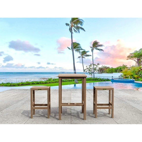 Outdoor Bar Set Square Teak Patio Furniture 3 Piece Bar Height Table and Stools