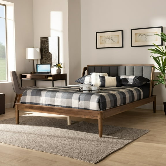 Homestock Gothic Grace Mid-Century Modern Dark Grey Fabric Upholstered And Walnut Finished Size Platform Bed