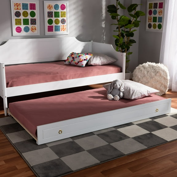 Twin Size Trundle Bed Frame - Traditional Gothic Style, White Wood, Metal Pulls, Easy Roll-Out