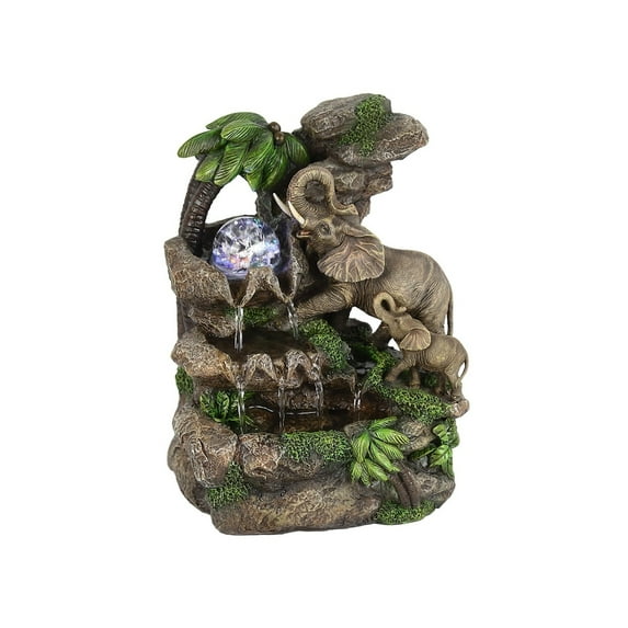 Indoor Water Fountain Elephant Design - Polyresin Fountain with Light - 11" Tall Home Decor