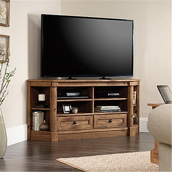 Homestock Handcrafted Haven Corner Entertainment Credenza, For Tvs Up To 60", Vintage Oak Finish - 18.47"D X 61.1"W X 27.4"H, Adjustable Shelf, Adjustable Corner, Display Shelves With 2 Drawers - Leng