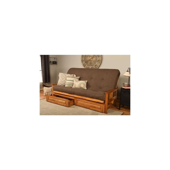 Homestock Handmade Home Butternut Finish Futon Frame Set with Mattress, Foldable Futon Frame with Sturdy Wood Build, Living Room Futon Frame with Mattress, Versatile Design-Color:Linen Cocoa,Size:Quee