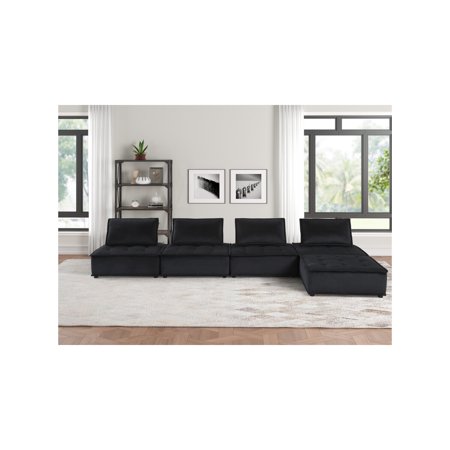 Homestock Hollywood Regency Black Velvet 5 Pc Sectional Sofa Ottoman