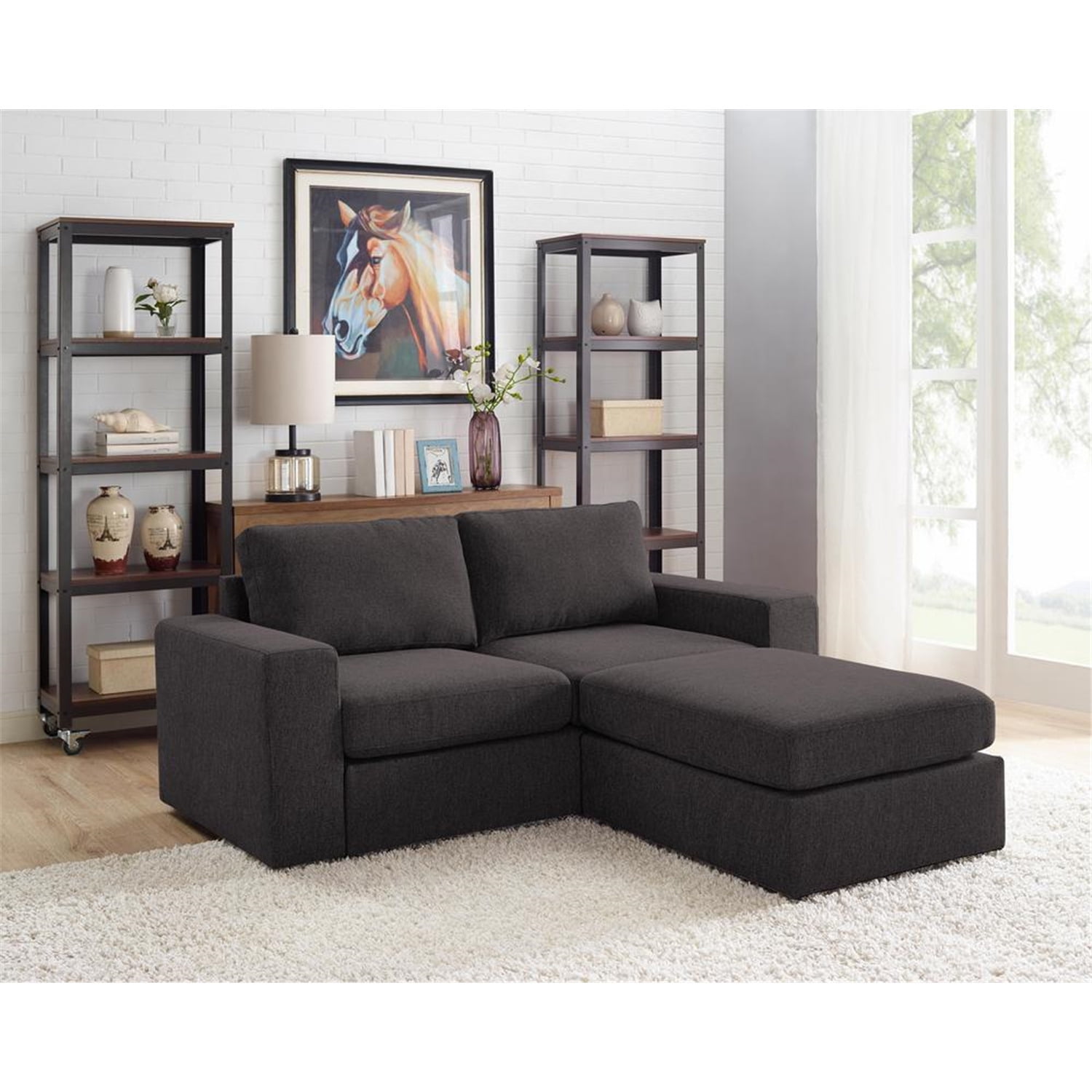 Homestock Hollywood Regency Loveseat with Ottoman in Dark Gray Linen