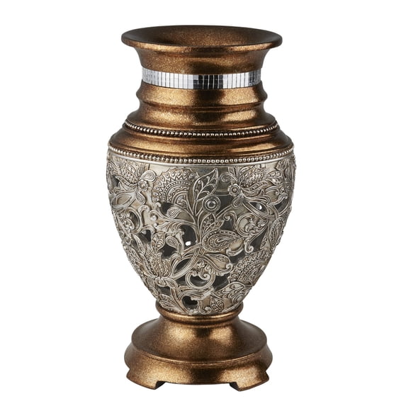 Homestock Island Oasis 14.75" Tall Decorative Vase" Langi", Golden Finish w/ Silver Ornate Flowers