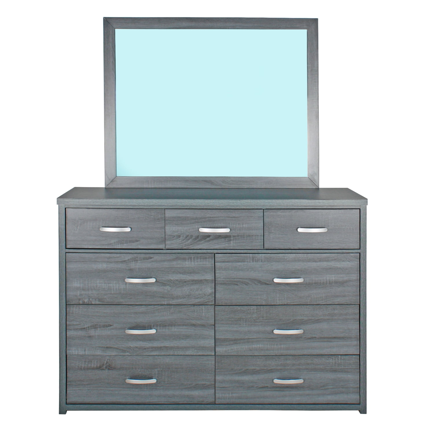 Modern Majestic 9-Drawer Double Dresser with Mirror in Silver Gray