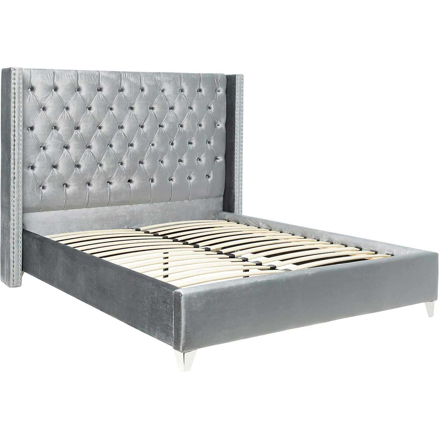 Regal Gray Velvet Queen Bed with Nailhead Trim and Upholstered Headboard