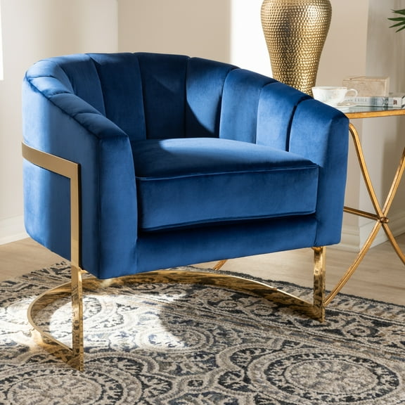 Royal Blue Velvet Lounge Chair - Glam Gold Accent Chair, Tufted Design, Modern Accent Seating