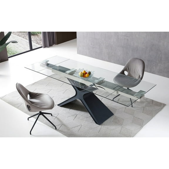 Extendable Dining Table with Glass Top - Modern Dining Room Table, Black Metal Legs, Kitchen Table