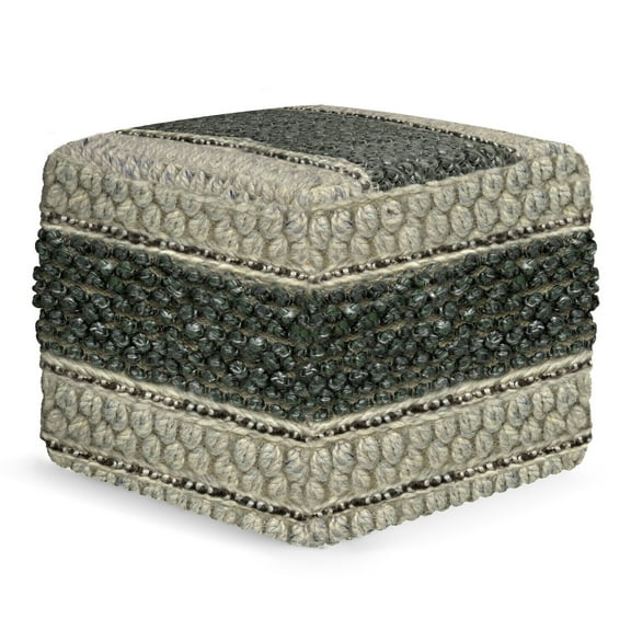 Square Pouf Footstool Ottoman - Green Woven Wool Cotton - 18x18x14 Inch Decorative Accent