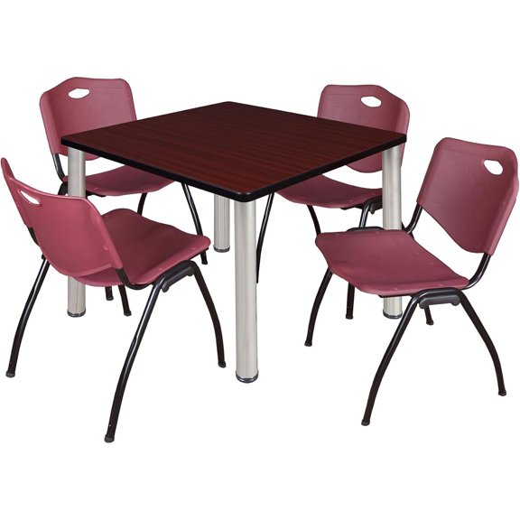 Homestock Mediterranean Magicl 42" Square Lounge Table Mahogany/ Chrome With 4 'M' Nesting Chairs, Burgundy