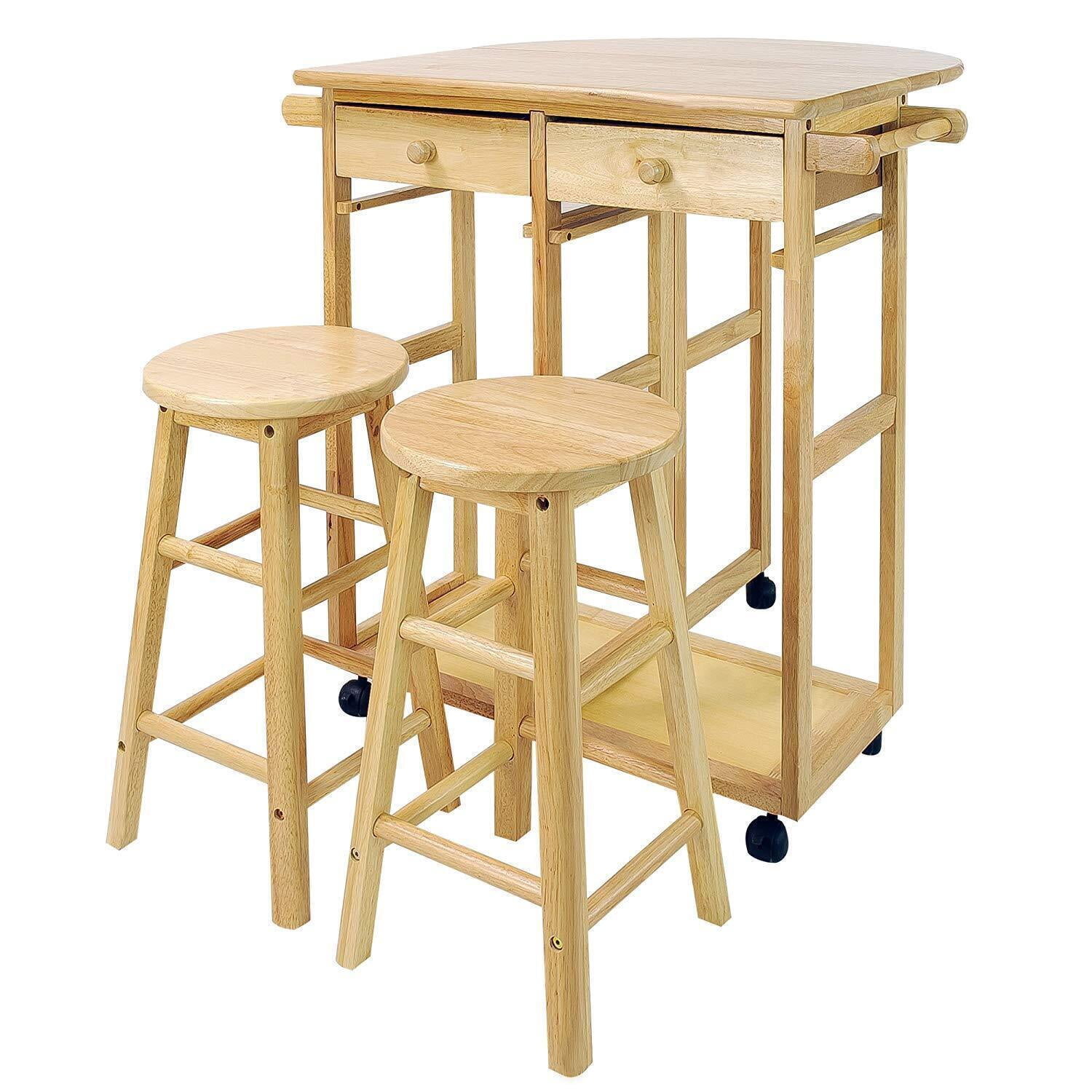 Drop Leaf Breakfast Cart with Stools - Kitchen Serving Cart, Rolling ...