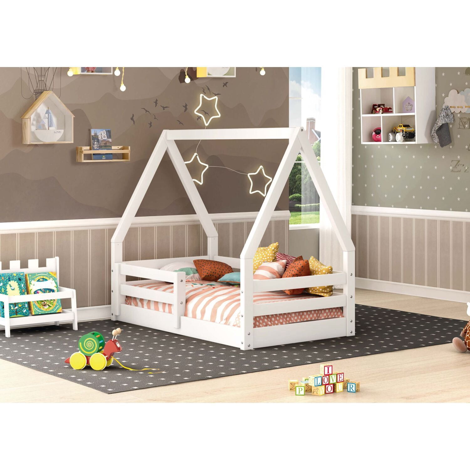 Homestock Mid-Century Marvel Toddler Bed Solid Wood , White - Walmart.com