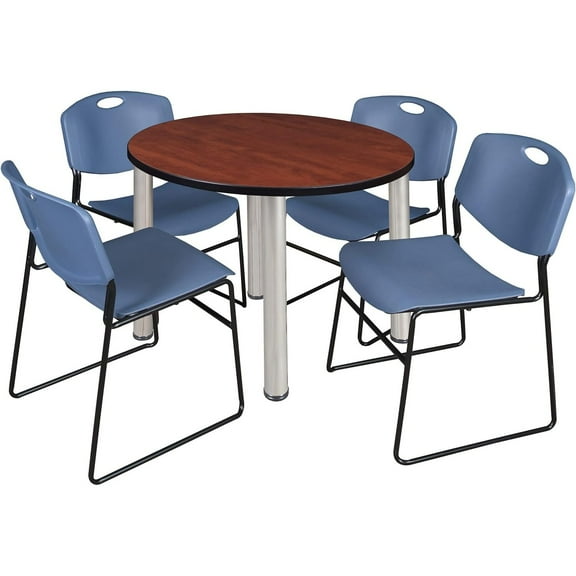 Homestock Modern Marvel 36" Round Lounge Table Cherry/ Chrome W/ 4 Nesting Chairs, Blue - Ergonomic Breakroom Furniture Set For Staff Break Room, Tables & Chair, Breakroom Set, Breakroom Table
