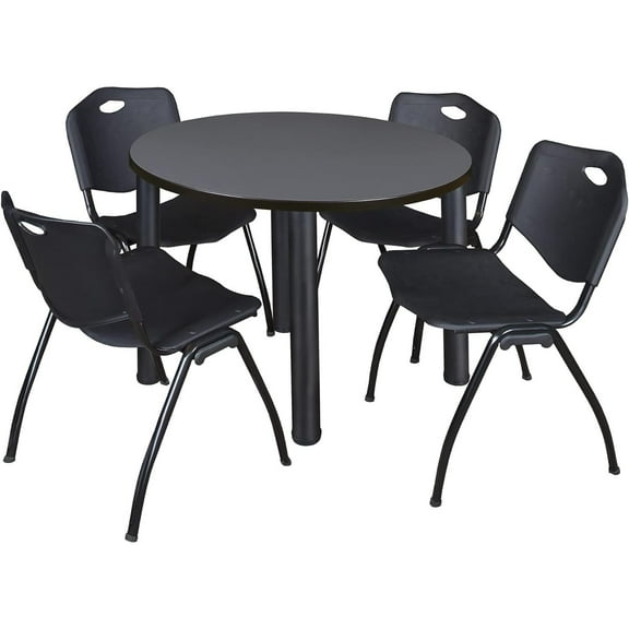 Homestock Modern Marvel 36" Round Lounge Table Grey/ Black With 4 'M' Nesting Chairs, Black - Ergonomic Breakroom Furniture Set For Staff Break Room, Tables & Chair, Breakroom Set