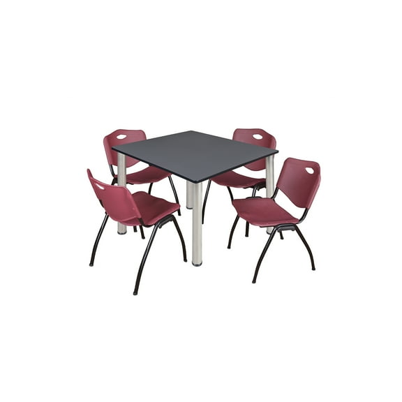 Homestock Modern Marvel 42" Square Lounge Table Grey/ Chrome With 4 'M' Nesting Chairs, Burgundy