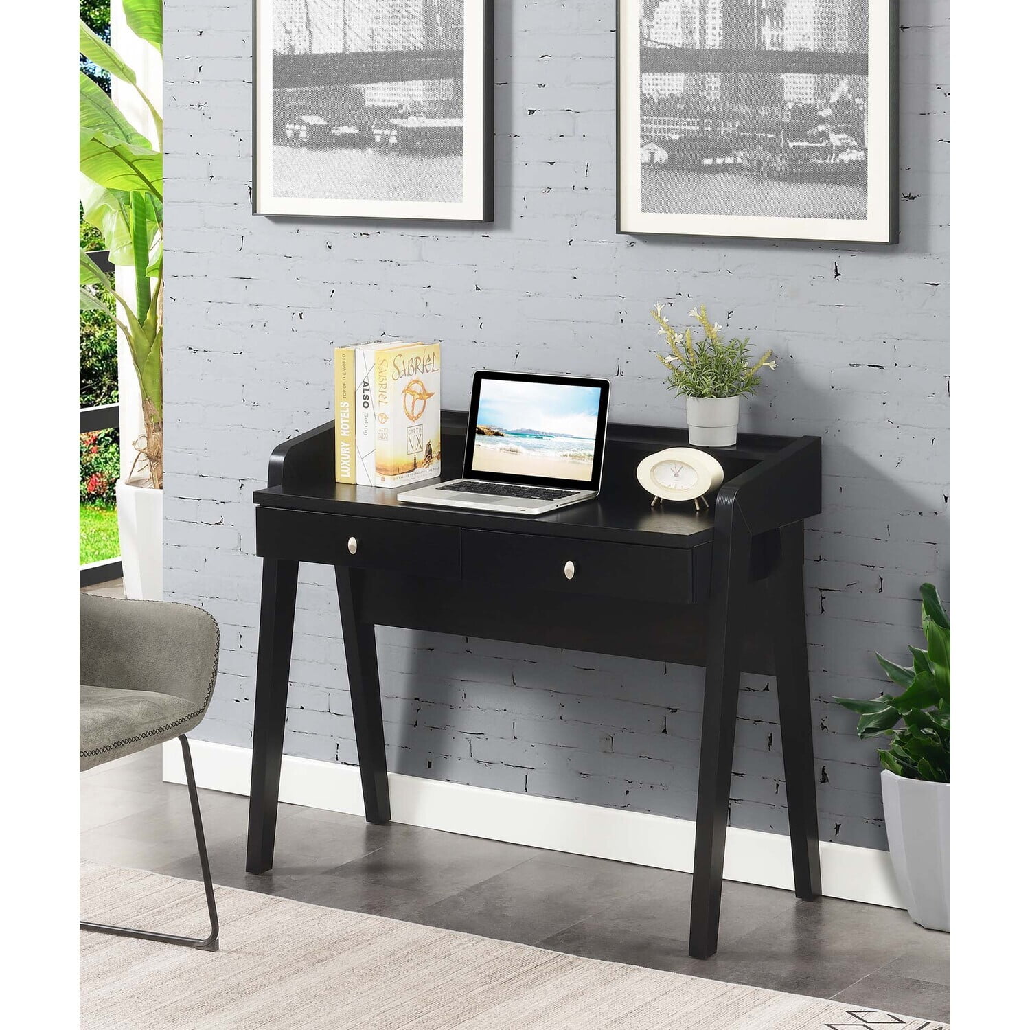 Newport Black 42" Contemporary Desk with Drawers & Shelf