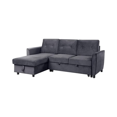 Homestock Modern Minimalism Dark Gray Velvet Reversible Sleeper Sectional Sofa with Storage Chaise