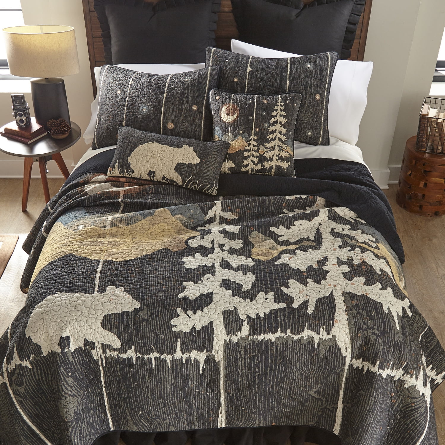 Gray Cotton Reversible Full Quilt Set with Bear Design