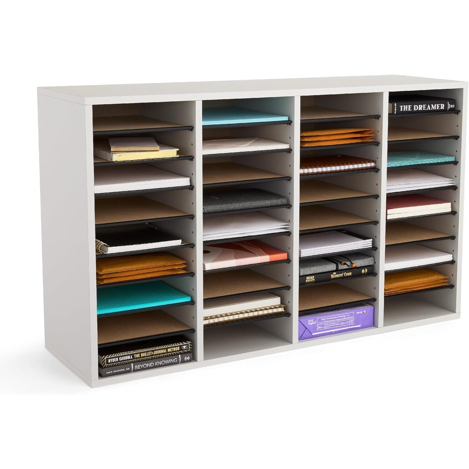 Elegant Gray 36-Compartment Adjustable Wood Literature Sorter