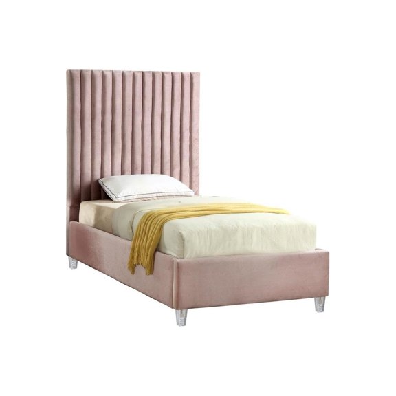 Coastal Charm Modern , Contemporary Velvet Upholstered Bed with Deep Channel Tufting and Custom Acrylic Legs
