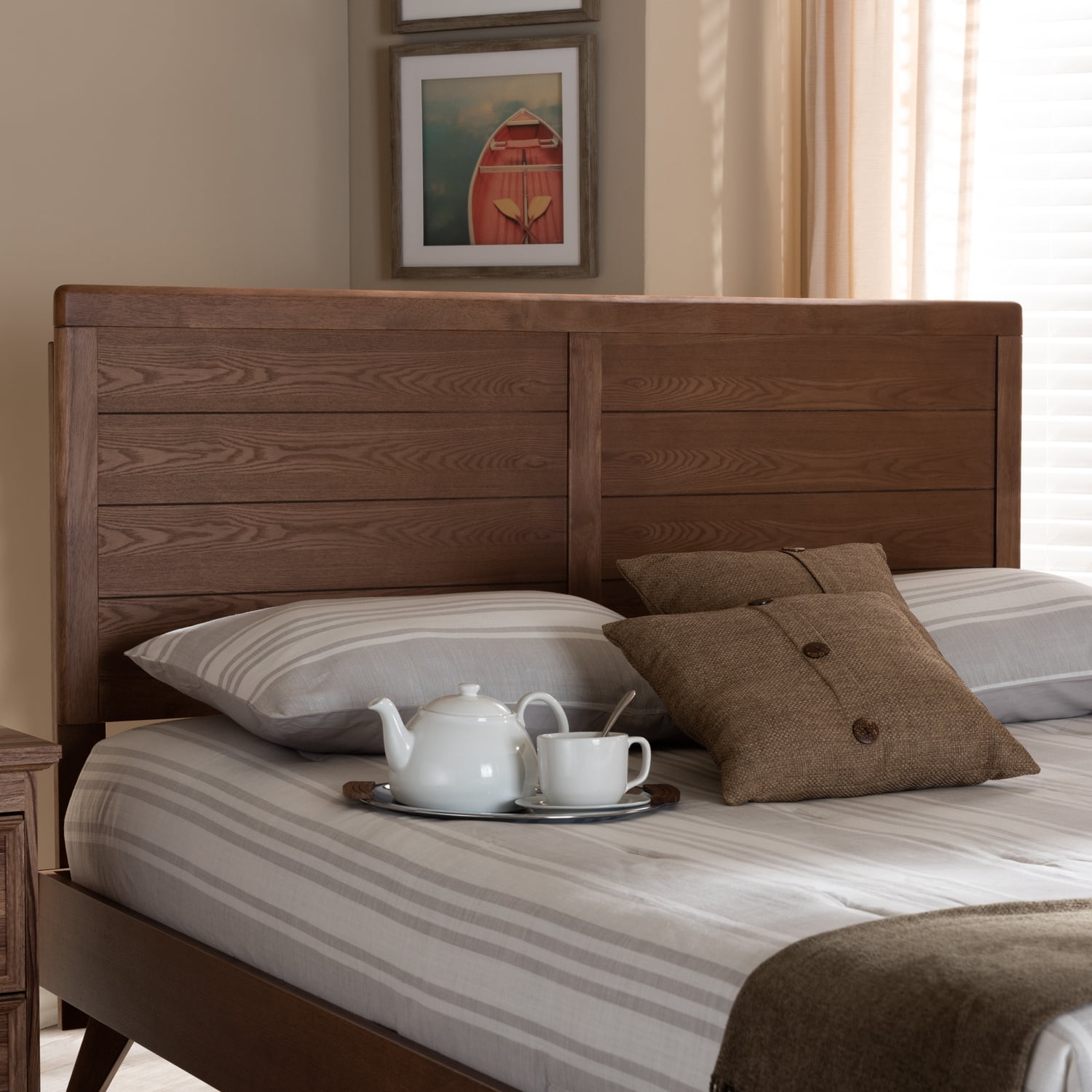 Homestock Modern Muse Walnut Brown Finished Wood Queen Size Headboard, Wooden Headboard, Predrilled Holes, Bedroom Funiture, 61.2"W X 58.3"H