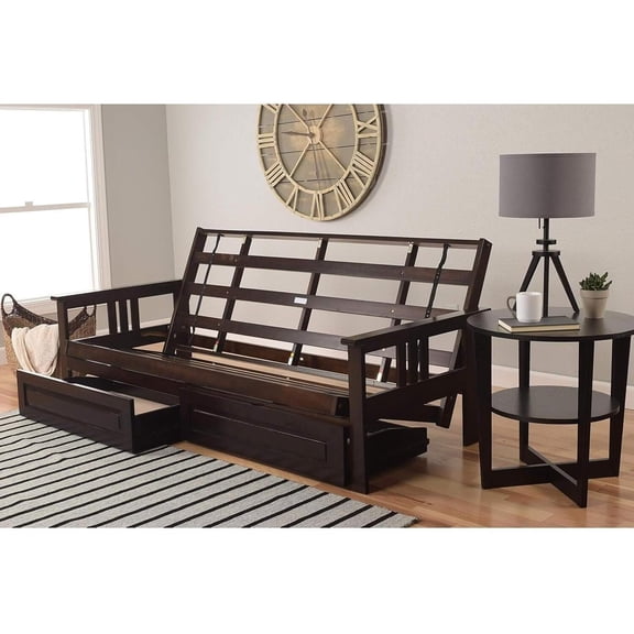 Modern Muse Wood Futon Frame Set with Storage Drawers, Classic Style with Mission Style Arms with Solid Pattern with Foldable Feature for Lounge Room with Tight Back