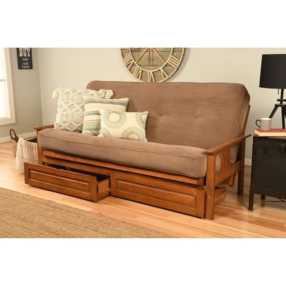 Modern Muse Wood Futon Frame Set with Storage Drawers, Classic Style with Mission Style Arms with Solid Pattern with Foldable Feature for Lounge Room with Tight Back