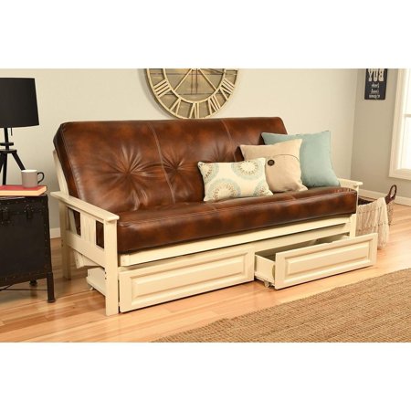 Modern Muse Wood Futon Frame Set with Storage Drawers, Classic Style with Mission Style Arms with Solid Pattern with Foldable Feature for Lounge Room with Tight Back