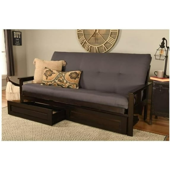 Modern Muse Wood Futon Frame Set with Storage Drawers, Classic Style with Mission Style Arms with Solid Pattern with Foldable Feature for Lounge Room with Tight Back