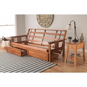 Homestock Modern Muse Wood Futon Frame Set with Storage Drawers, Classic Style with Mission Style Arms with Solid Pattern with Foldable Feature for Lounge Room with Tight Back