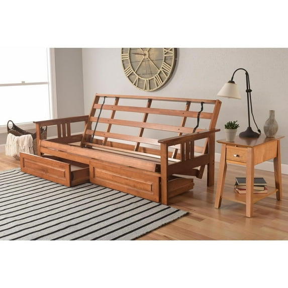 Homestock Modern Muse Wood Futon Frame Set with Storage Drawers, Classic Style with Mission Style Arms with Solid Pattern with Foldable Feature for Lounge Room with Tight Back