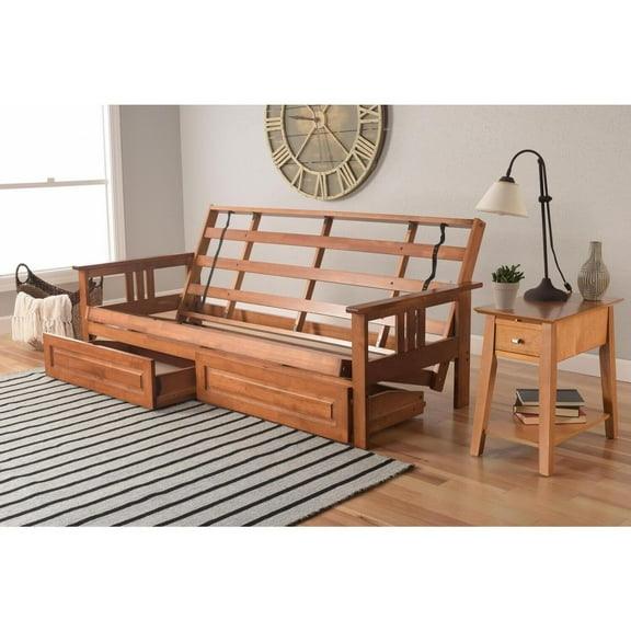 Homestock Modern Muse Wood Futon Frame Set with Storage Drawers, Classic Style with Mission Style Arms with Solid Pattern with Foldable Feature for Lounge Room with Tight Back