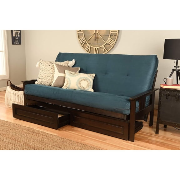 Homestock Modern Muse Wood Futon Frame Set with Storage Drawers, Classic Style with Mission Style Arms with Solid Pattern with Foldable Feature for Lounge Room with Tight Back