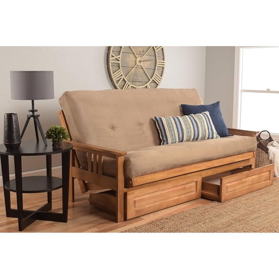 Homestock Modern Muse Wood Futon Frame Set with Storage Drawers, Classic Style with Mission Style Arms with Solid Pattern with Foldable Feature for Lounge Room with Tight Back