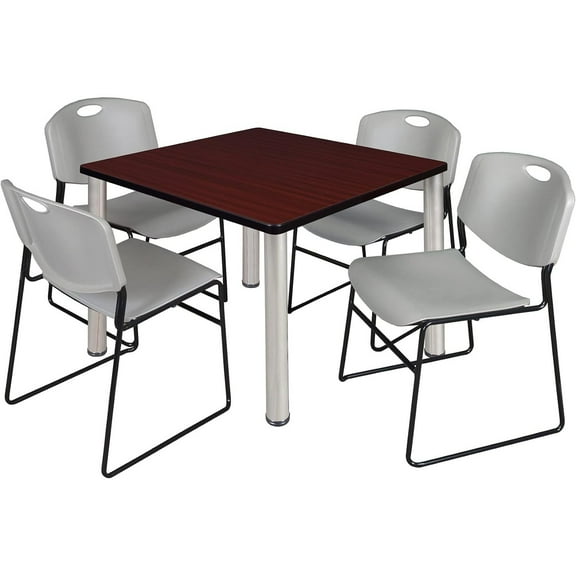 Homestock Modern Musel 30" Square Lounge Table Mahogany/ Chrome With 4 Nesting Chairs, Grey - Ergonomic Breakroom Furniture Set For Staff Break Room, Tables & Chair, Breakroom Set