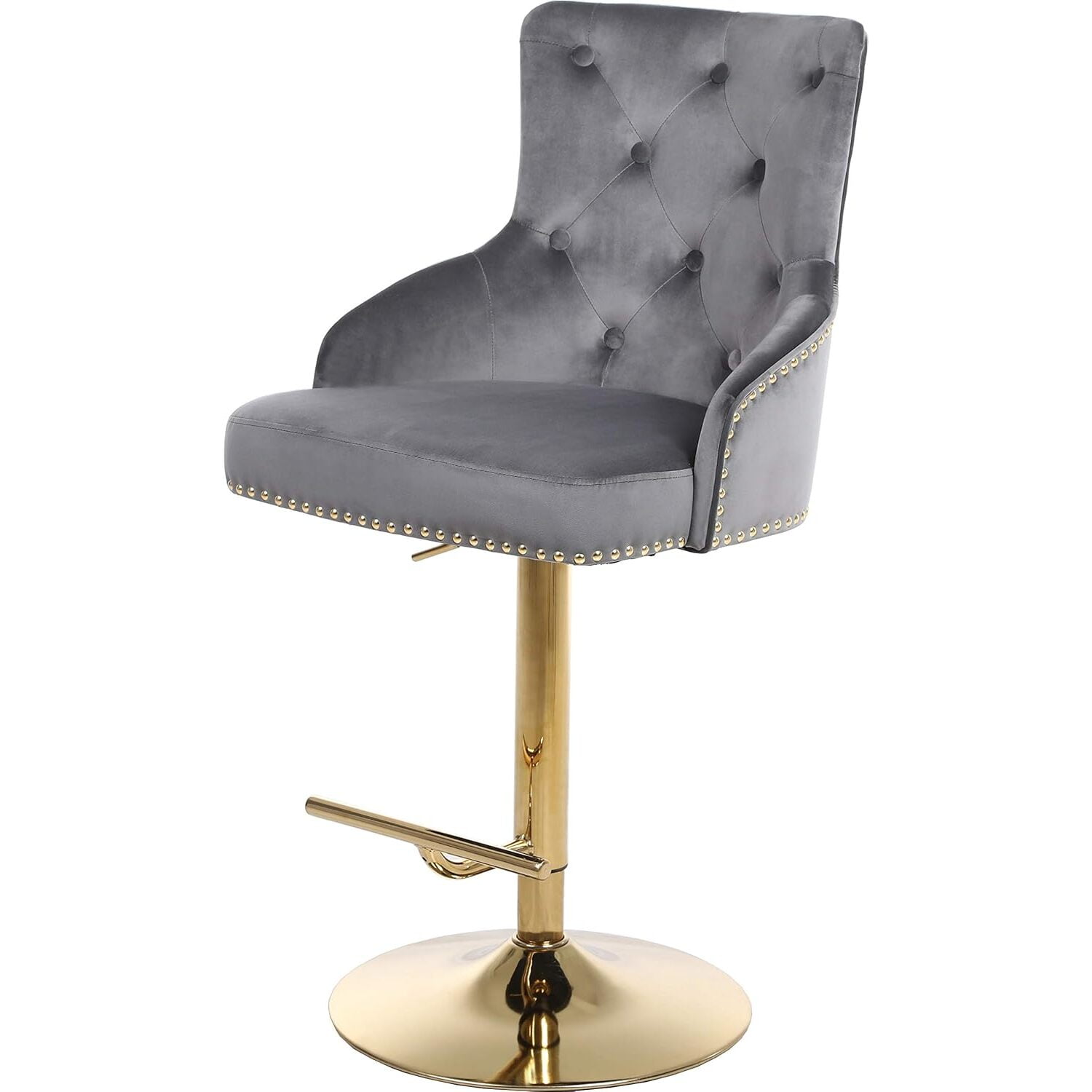 Svelte Grey Velvet and Chrome Adjustable Swivel Stool