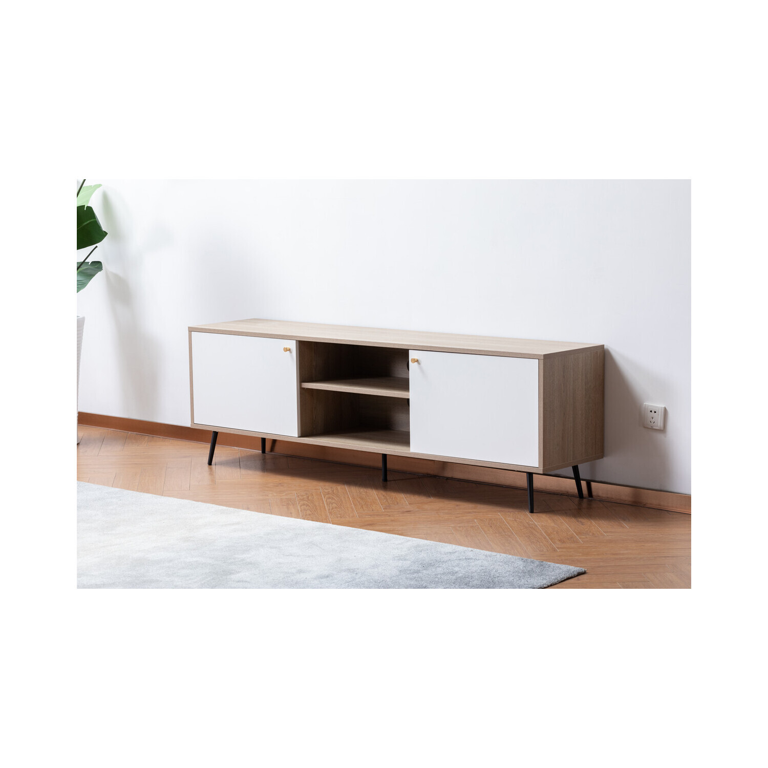 Homestock Natural Beauty Light Brown Wood Finish TV Stand with 2 White